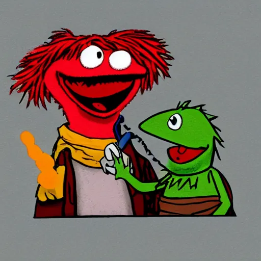 Image similar to disheveled homeless angry muppet stabbing Kermit out of jealousy. Photograph.