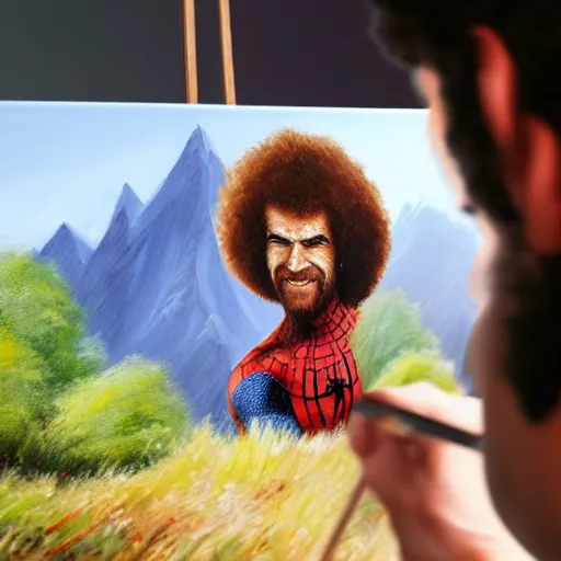 Image similar to a closeup photorealistic photograph of bob ross working on a canvas painting of spiderman. film still. brightly lit scene. mountains and trees. this 4 k hd image is trending on artstation, featured on behance, well - rendered, extra crisp, features intricate detail, epic composition and the style of unreal engine.