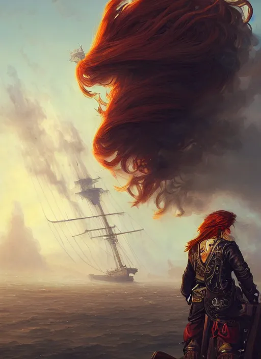 Image similar to portrait painting of a long haired, red headed male sky pirate in front of steampunk airship by raphael lacoste and stephan martiniere fantasy soft hair trending on artstation key art dramtic volumetric lighting, 4 k, award winning