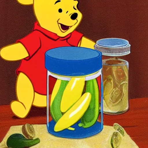 Image similar to winnie the pooh, opening a jar of pickles, realistic