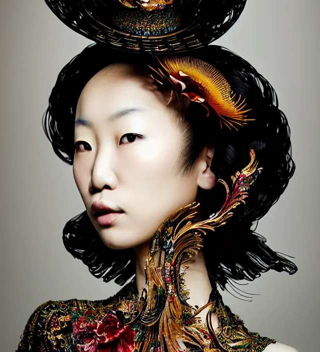 Prompt: photography american portrait of a beautiful asian woman like chiharu okunugi, great hair style,, half in shadow, natural pose, natural lighing, rim lighting, wearing an ornate stunning sophistical fluid dress and hat iris van herpen, colorfull newbaroque makeup by benjamin puckey, highly detailed, skin grain detail, photography by paolo roversi