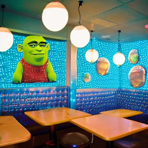 Image similar to inside of a diner with jellyfish lampshades, polka dot tables, cozy lighting, late night, shrek in the foreground, photo