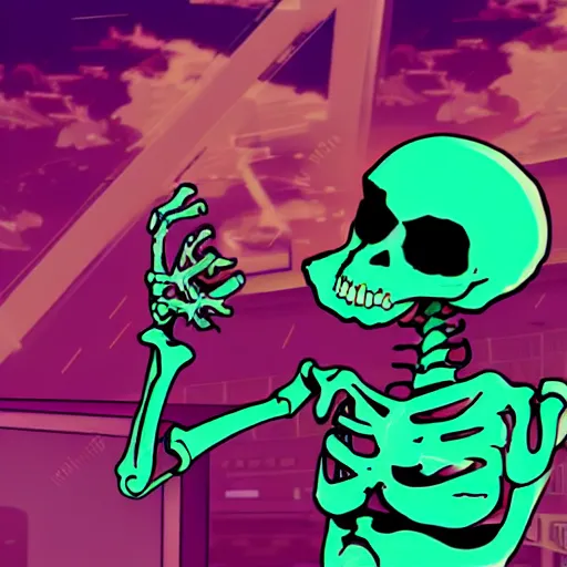 Prompt: a skeleton playing video games, it is visibly angry at the tv, detailed, outrun, synthwave, vaporwave, complimenting color scheme