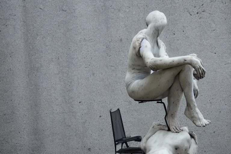 Prompt: a sculpture of a person sitting on top of a chair, a marble sculpture by nicola samori, behance, neo - expressionism, marble sculpture, apocalypse art, made of mist, masterpiece, bokeh, soft light