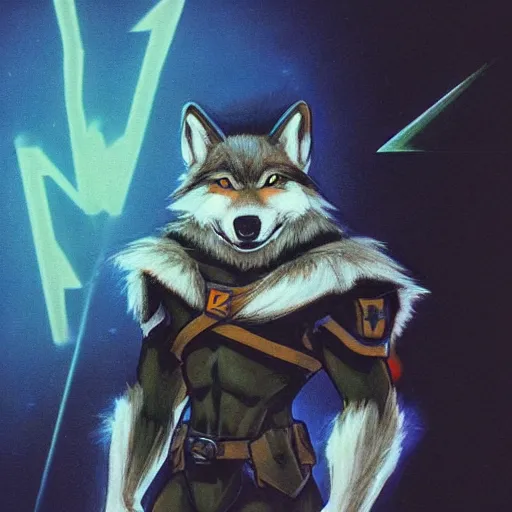 Prompt: 1 9 8 0 s video game art portrait of anthropomorphic wolf o'donnell from starfox fursona furry dark grey wolf in a dark space mercenary uniform, looking heroic, magazine scan, 8 0 s game box art, dark grey wolf o'donnell