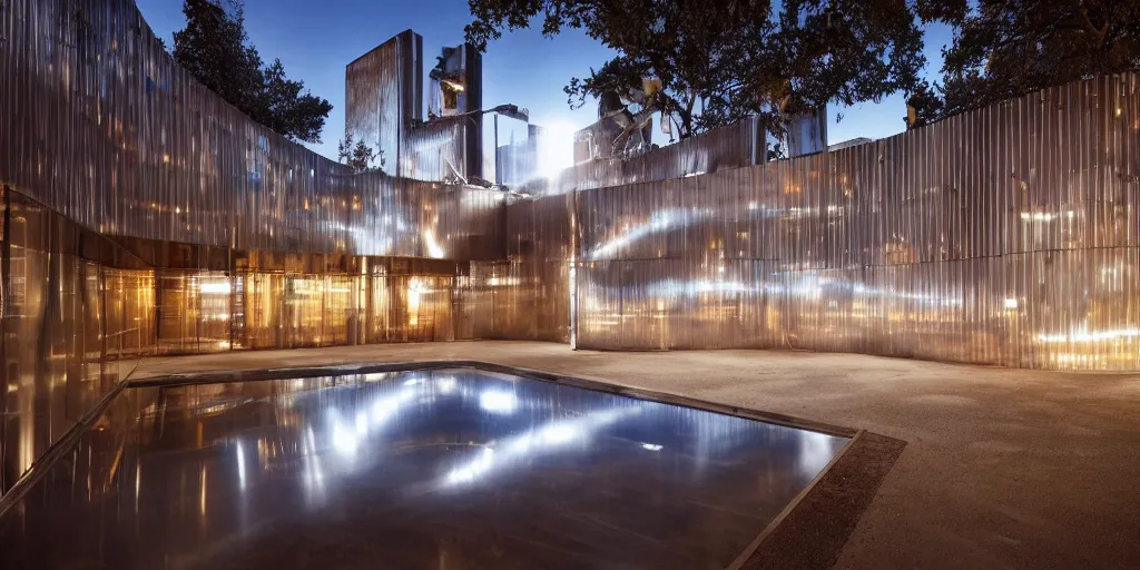 Prompt: wide angle photo of brutalist building made from reflective nickel chrome with copper and gold. inspired by 1 9 2 0 locomotive. late evening with reflective pool and glowing lights. bella hadid. highly reflective and shiny. frank loyde wright