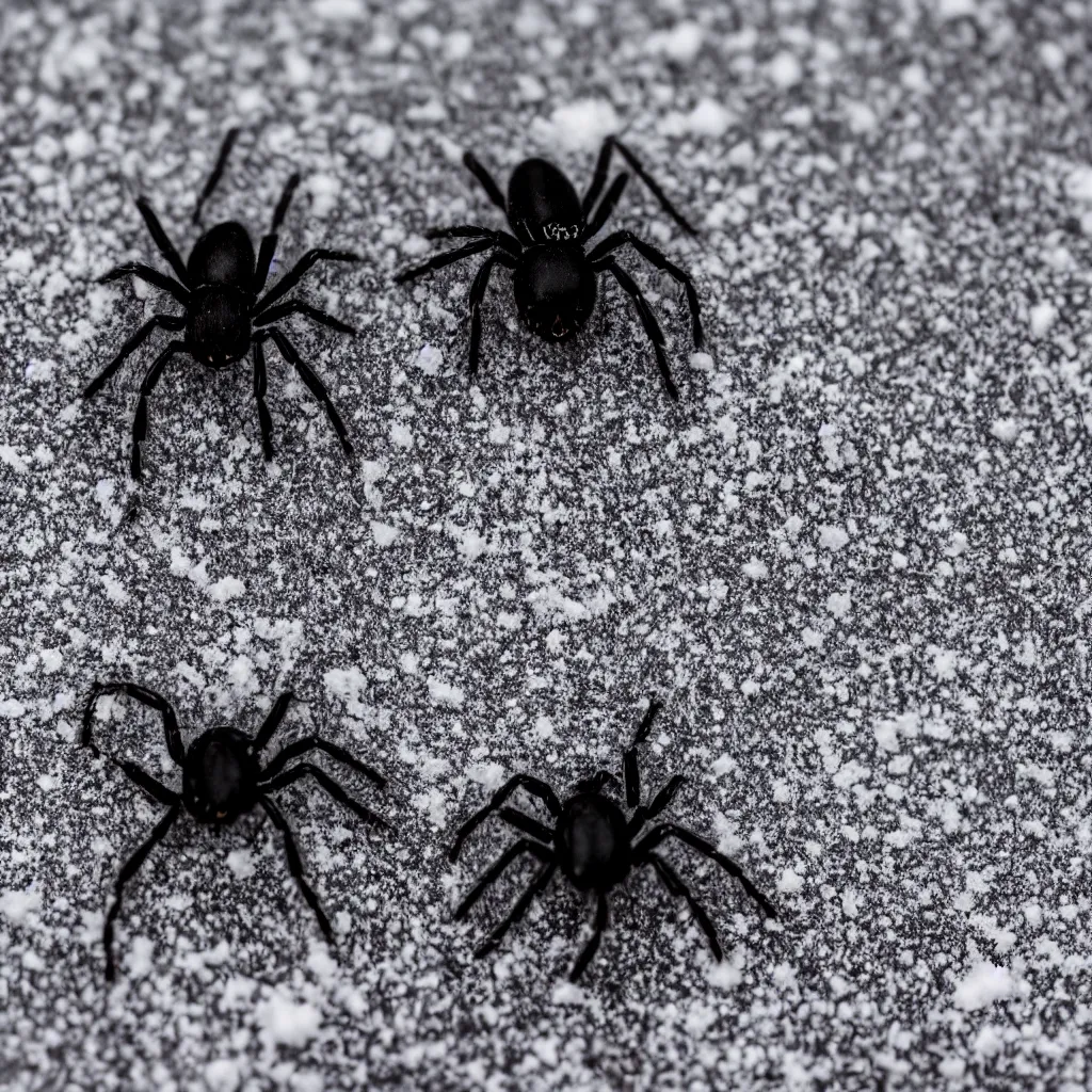 Prompt: a small black spider with big eyes walking on snow, macro view, field of view, high detail