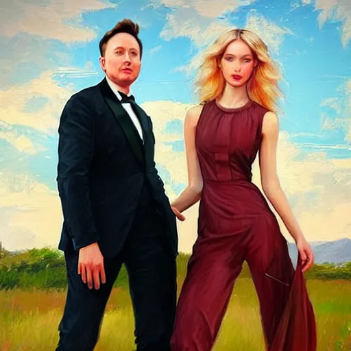 Image similar to Portrait of sasha luss and elon musk, in the style of Konstantin Razumov, extremely detailed