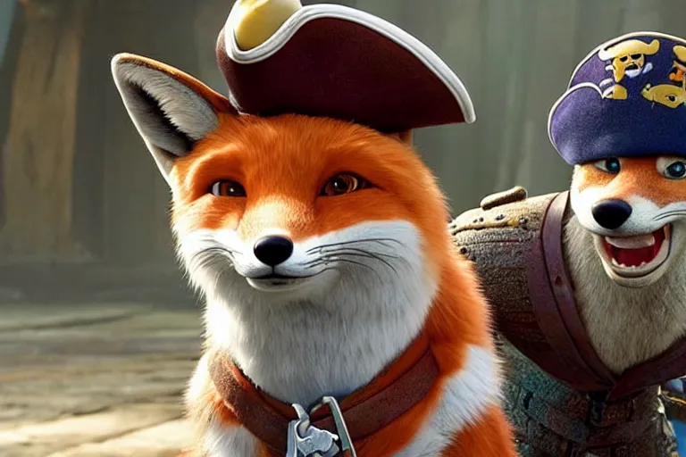 Image similar to promotional image of a fox as a pirate captain in the new pixar movie, very detailed face, movie still frame, promotional image, imax 70 mm footage