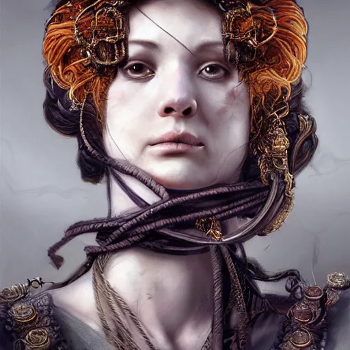 Image similar to portrait of a Shibari rope wrapped face and neck, headshot, insanely nice professional hair style, dramatic hair color, digital painting, of a old 18th century, Royal Emperor, amber jewels, baroque, ornate clothing, scifi, realistic, hyperdetailed, chiaroscuro, concept art, art by Franz Hals and Jon Foster and Ayami Kojima and Amano and Karol Bak,