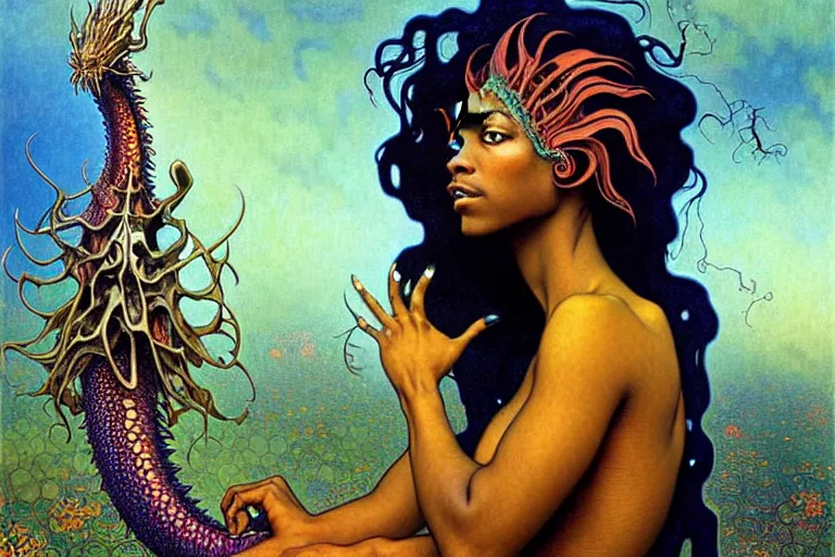 Image similar to realistic extremely detailed closeup portrait painting of a beautiful black woman, mutant dragon and a single old house on background by Jean Delville, Amano, Yves Tanguy, Alphonse Mucha, Ernst Haeckel, Edward Robert Hughes, Roger Dean, rich moody colours