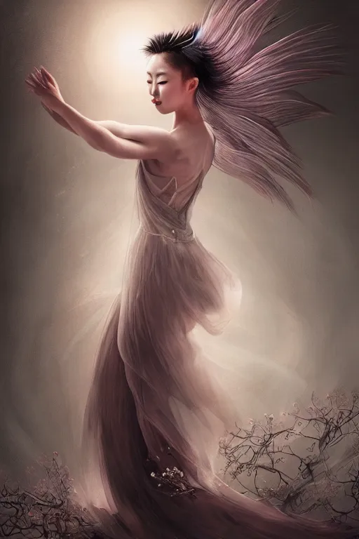 Prompt: chinese prima ballerina, gorgeous, ethereal, intricate, elegant, volumetric lighting, nature scenery, digital painting, highly detailed, artstation, sharp focus, illustration, concept art, clive barker