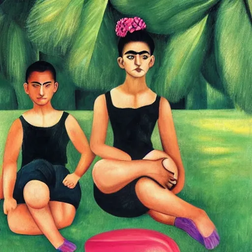 Image similar to boys playing soccer, hot day, parents watching, in style of frida kahlo painting