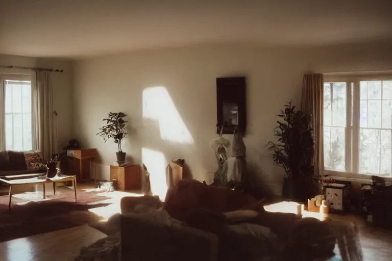 Prompt: film photography of the light shining in living room interior, soft light, no focus