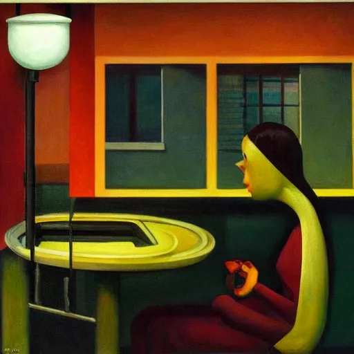 Image similar to judgemental robot butler, dystopian, pj crook, edward hopper, oil on canvas