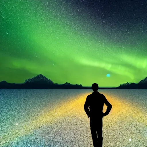 Prompt: 4K Epic Ultra HD detailed award-winning wallpaper silhouette of lonely man holding a bright flashlight looking at huge vast sky universe Milky Way aurora