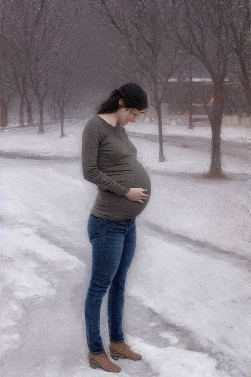 Image similar to sobbing pregnant woman under street light, jeans and sweater, winter, by Alyssa Monks, Bouguereau