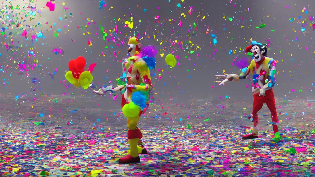 Image similar to a clown puking a fountain of confetti, hyperrealistic, Cryengine 8k UHD