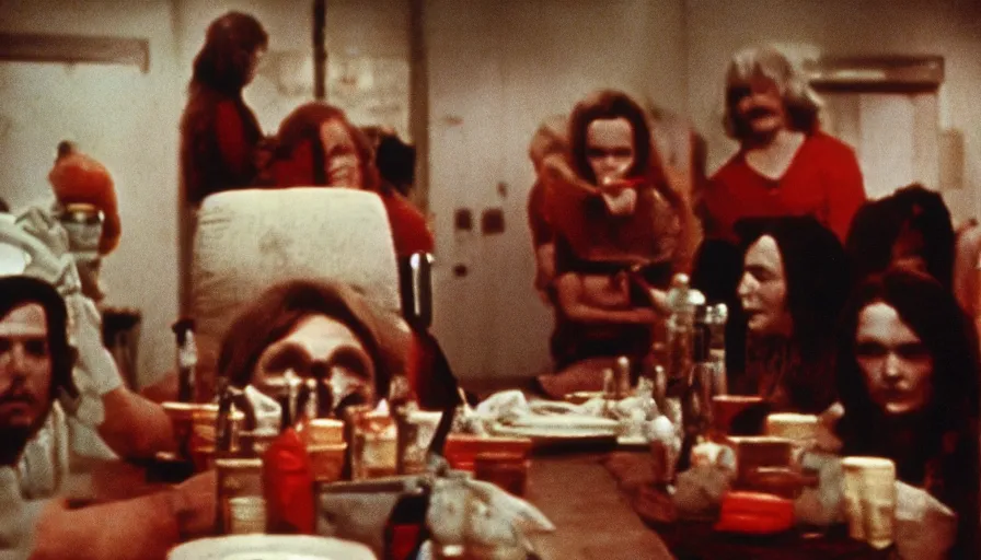 Prompt: 7 0 s film still from a horror movie about cannibalism and bingo night, kodachrome, cinecolor, cinestill, film grain, film texture, retro, cinematic, high resolution, photorealism,