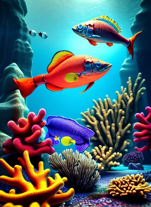 Image similar to hyperrealism, detailed textures, photorealistic 3 d render, an underwater scene with brightly coloured fish smoking cigars, brightly coloured coral, ultra realistic, ultra high pixel detail, cinematic, intricate, cinematic light, octane render, concept art, illustration, captured on canon eos r 6, art station, unreal engine 8 k