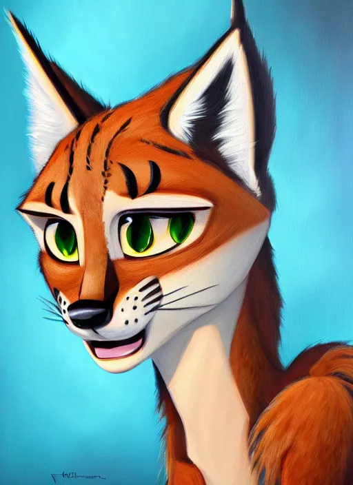 Image similar to oil painting of anthromorphic female lynx, in style of zootopia, female fursona, furry, furaffinity, 4 k, deviantart, furry art, fursona art, wearing black business suit, business suit, lynx fursona, female, very expressive detailed feminine face,