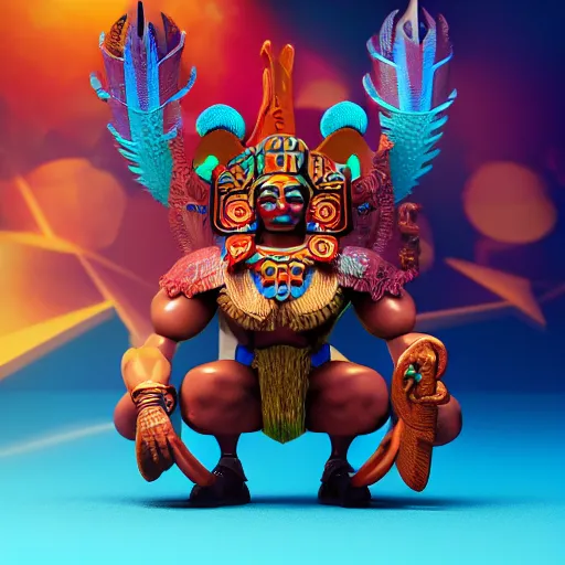 Image similar to closeup 3 d toy aztec gods as funco toy, plastic, sss, octane 4 k render, studio lighting, artstation, cyan photographic backdrop, 8 5 mm, f 2. 8 aperture