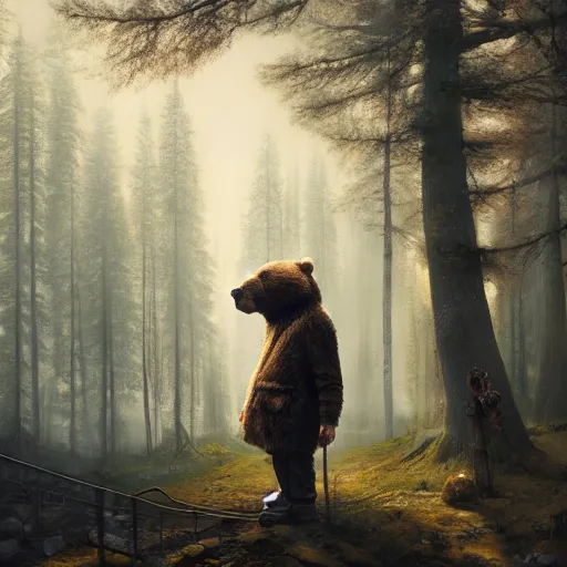 Image similar to Sad man in a bear mask, hyperrealism, no blur, 4k resolution, ultra detailed, style of Jonathan Solter, Peter Mohrbacher,Alexander Trufanov, Finnian MacManus, Ivan Shishkin