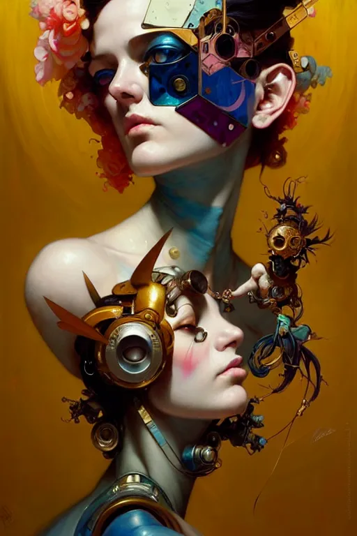 Image similar to portrait, patchwork doll, cyberpunk, elegant baroque, asymmetrical art, emotional, hyperrealism, colorful, vivid, imposing, epic, abstract texture, gold leaf texture, artstation, concept art, by peter mohrbacher and wlop and rhads and artgerm and magali villeneuve and alphonse mucha