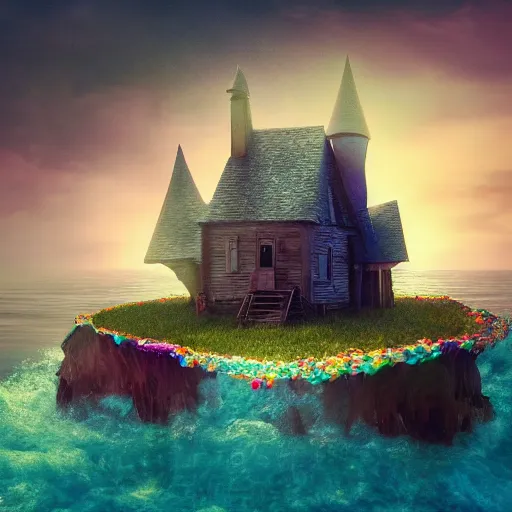 Prompt: a witches house made out of candy floating on the ocean, epic scene, fantasy, cinematic, redshift render, cgi, hyper - detailed, photo - bash, 8 k post - production, masterpiece