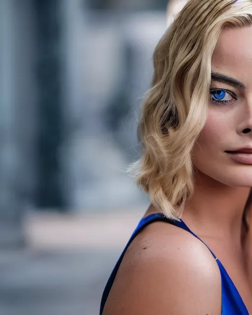 Image similar to A portrait of a margot robbie in a cosplay uniform, piercing eyes, highly detailed, bokeh, professional photograph, full body shot 4K, HD