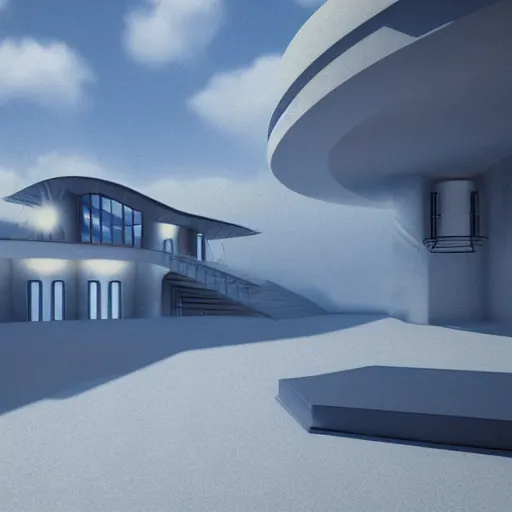 Image similar to dreamy architecture on hill render by Alexis Christodoulou. cinema 4D. photorealism. blue color scheme