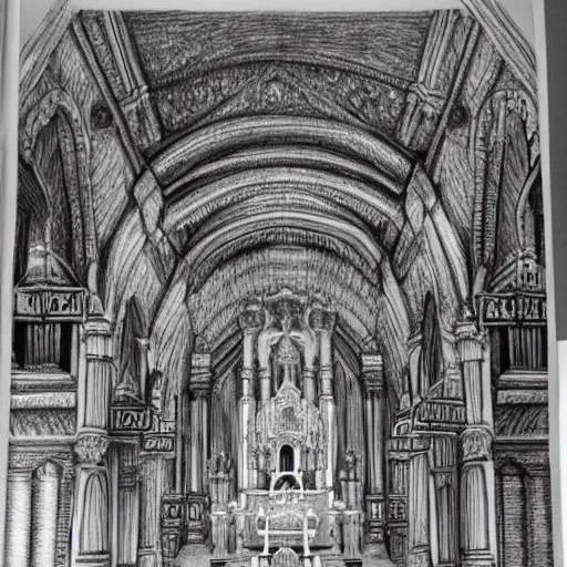 Prompt: finished pencil drawing of an intricate detailed church temple catholic buddhist, complete, pencil drawing