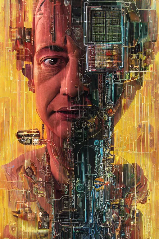 Prompt: portrait of computer & circuits, melting, jeff bezos, 8 k, by tristan eaton, stanley artgermm, tom bagshaw, greg rutkowski, carne griffiths, ayami kojima, beksinski, giger, trending on deviantart, face enhance, hyper detailed, minimalist, cybernetic, android, blade runner, full of colour, super detailed