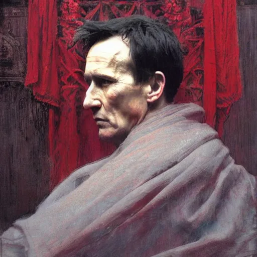 Image similar to the end is near. a tired julius caesar is sitting on a throne. portrait. face is highly detailed. intricate. splices of red are running down his toga. close shot. dark background. soft light. imagined by jeremy lipking and alphonse mucha