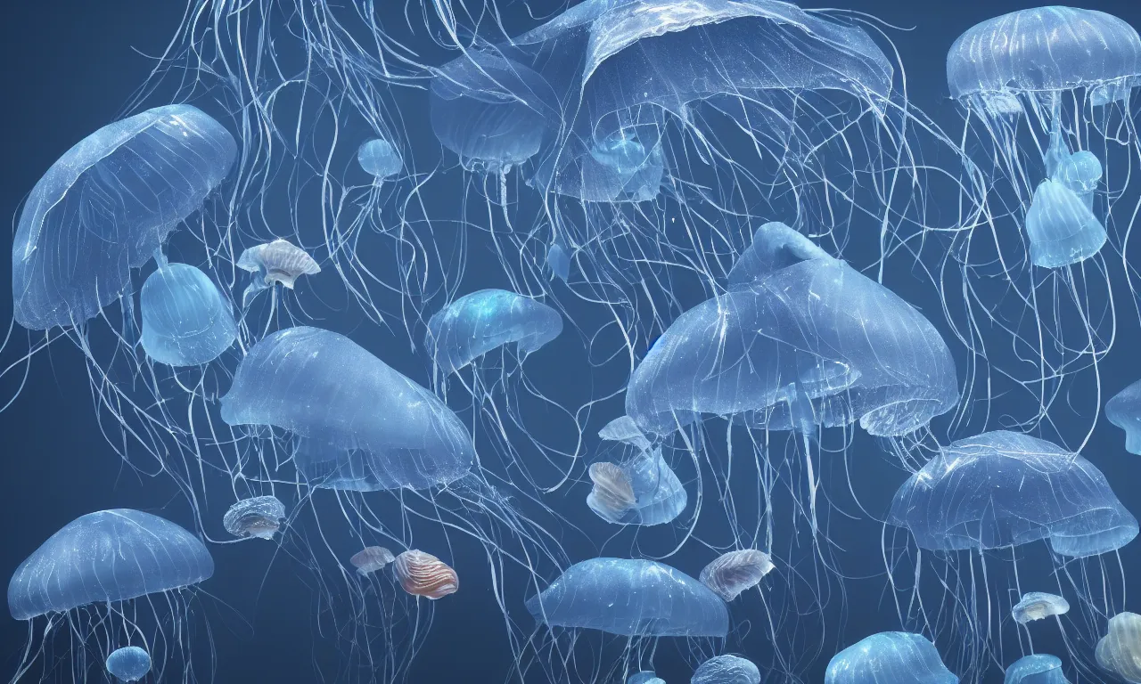 Image similar to Jellyfish swims in the dark sea, trending on artstation, octane render, 8K