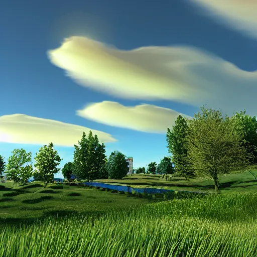 Image similar to green hill with fake clouds and fake sun, cloned houses, day, 8k, realistic, high details, volumetric light