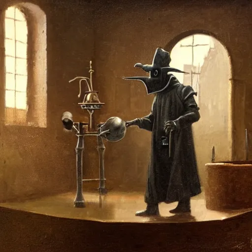 Prompt: plague doctor working in medieval alchemy laboratory, oil painting, by Greg Rutkowski