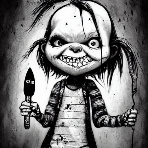 Image similar to grunge cartoon drawing of a cute chucky holding a knife and smiling by - michael karcz , in the style of corpse bride, loony toons style, horror themed, detailed, elegant, intricate