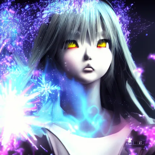 Prompt: photorealistic full shot of masterpiece dark anime girl, posing, electric aura with particles, snowing frozen ice, darkness background, inspired by masami kurumada, akira toriyama, detailed, unreal engine 4 k, volumetric light, fog