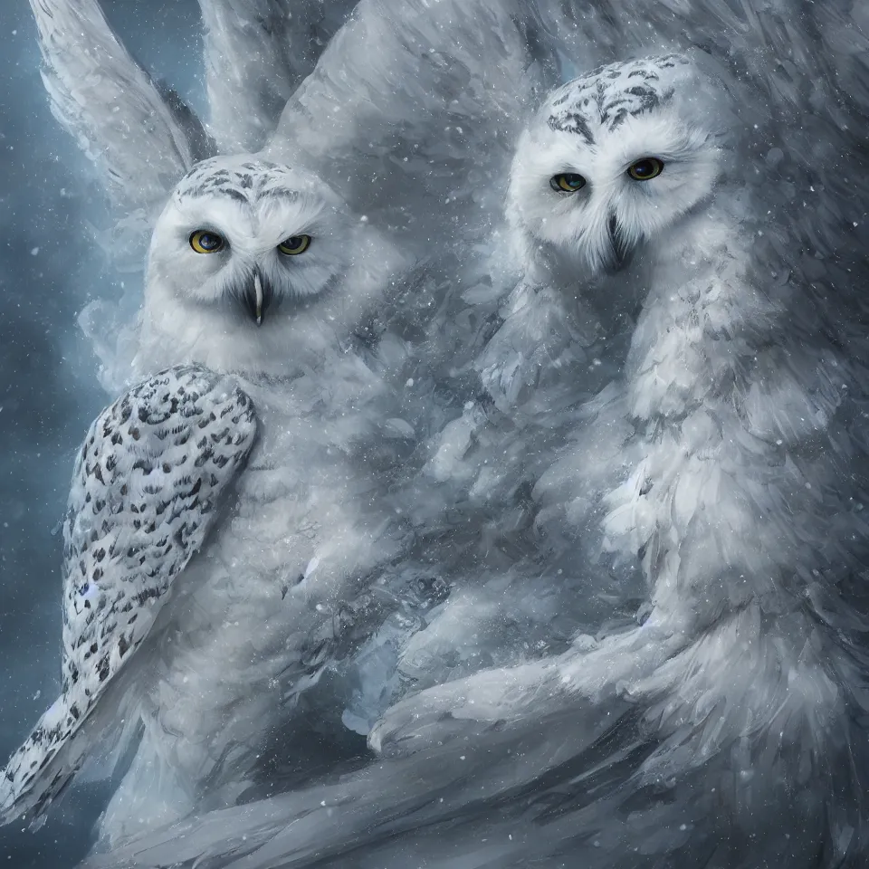 Prompt: painting of beautiful snowy owl, fantasy, hyperdetailed, intricate, by charlie bowater and alena aenemi, studio ghibli, 8k, octane render, trending on artstation