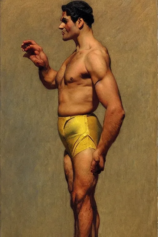 Image similar to persian wrestler man in golden leotard, by j. c. leyendecker