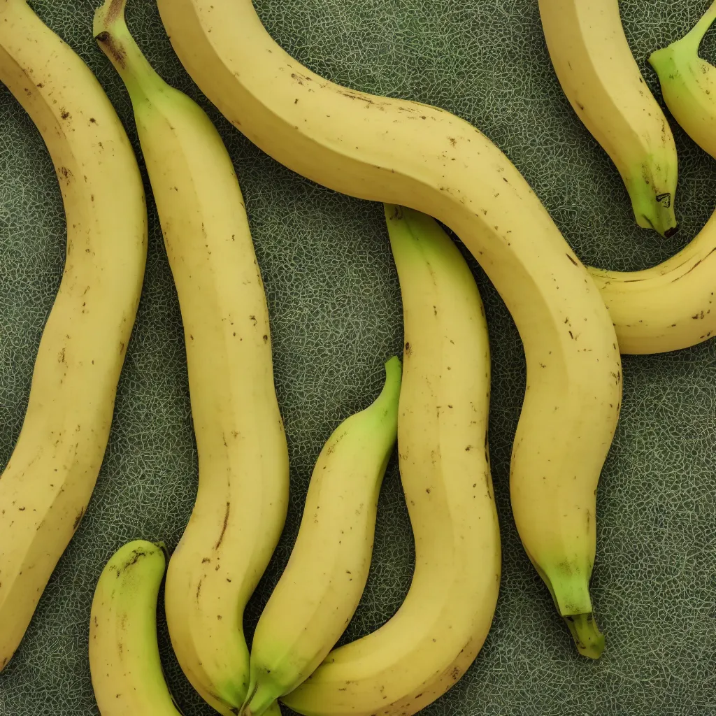 Prompt: circular fractal bananas that grow like coral, inside art nouveau with petal shape, big banana peals, and banana stems, mesh roots. closeup, hyper real, food photography, high quality