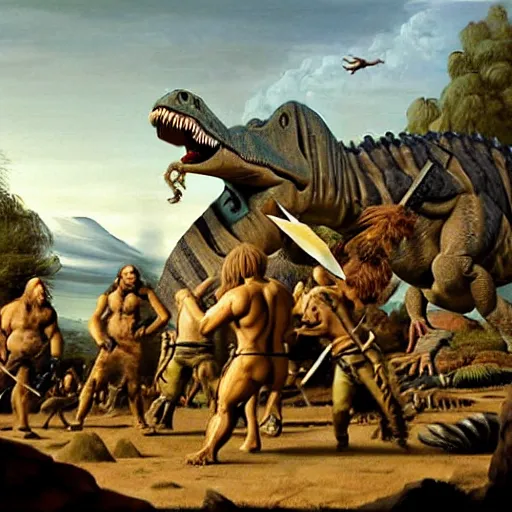 Prompt: A large dinosaur fighting with several realistic detailed cavemen with proportioned bodies, next to the dinosaur are cavemen, one caveman wearing animal furs is stabbing the dinosaur with his spear, one caveman wearing animal furs is cowering in fear, coarse canvas, visible brushstrokes, intricate, extremely detailed painting by Giorgione (and by Greg Rutkowski)
