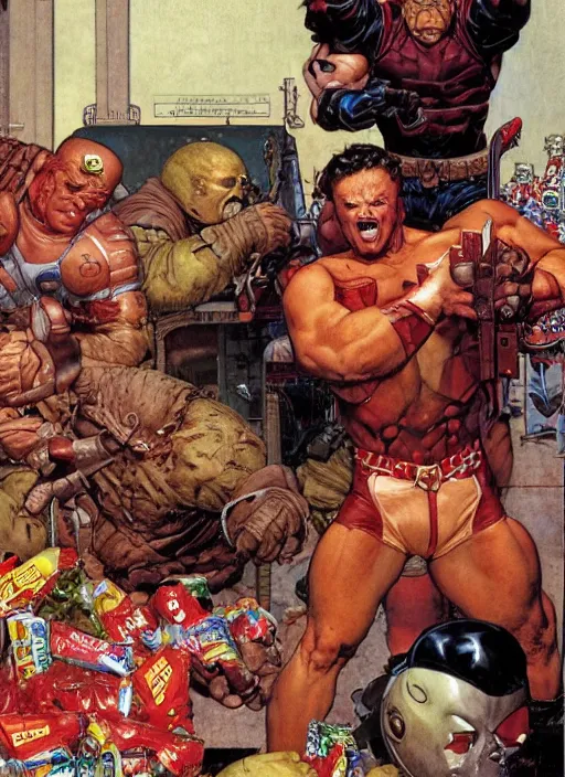 Prompt: juggernaut buys candy, by norman rockwell and jason fabok and greg staples and tom lovell and frank schoonover and dean cornwell