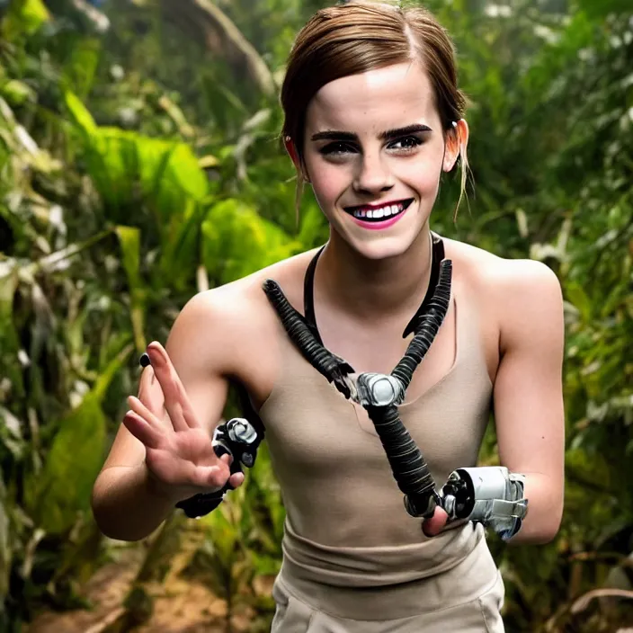 Image similar to Joyful!! smiling Emma Watson wearing cyborg prosthetic, from The emperor's new groove (2000). Clear Hands. Clear body. Light Clothes. Jungle as Background. Cinematic. Professional Photo. Low angle. 8k. Clear Face.