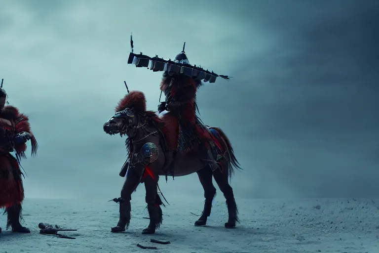 Image similar to vfx film closeup, futuristic mongolian warriors, robot stand - off, flat color profile low - key lighting award winning photography arri alexa cinematography, hyper real photorealistic cinematic, atmospheric cool colorgrade