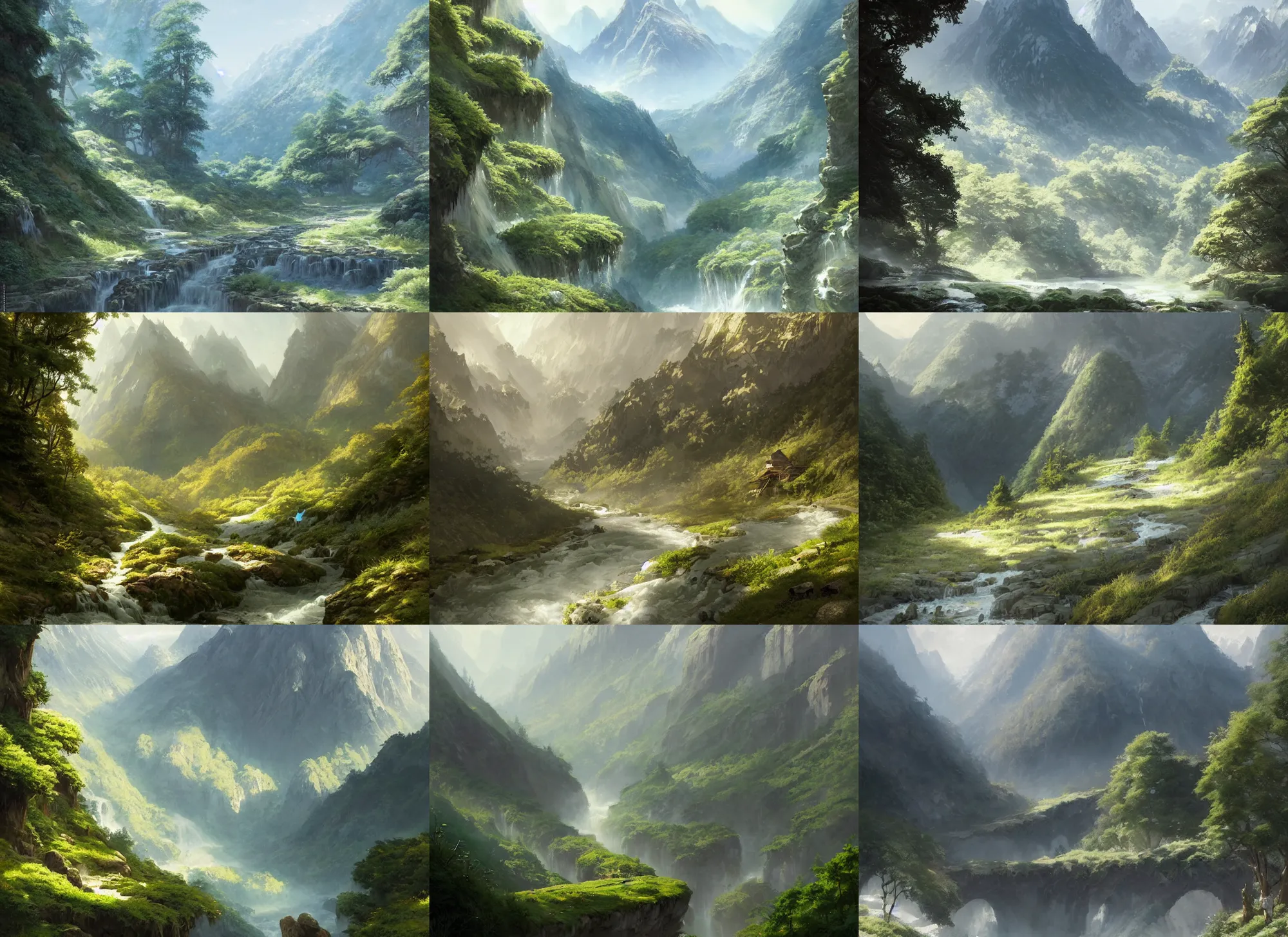 Prompt: Muiheren Valley, steep hills, large mountains with snowy peaks and vast, green valleys with pristine, crystal clear rivers, anime, lush trees, fountain, a fantasy digital painting by Greg Rutkowski and James Gurney, trending on Artstation, highly detailed