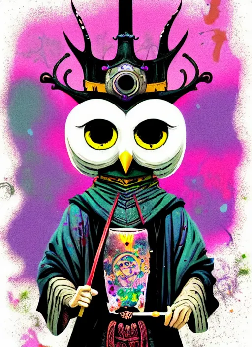 Prompt: arrogant medieval medium shot of white owl with one giant eye dressed in samurai garment, pixiv fanbox, dramatic lighting, maximalist pastel color palette, splatter paint, pixar and disney exploded - view drawing, graphic novel by fiona staples and dustin nguyen, peter elson, alan bean, wangechi mutu, clean cel shaded vector art, trending on artstation