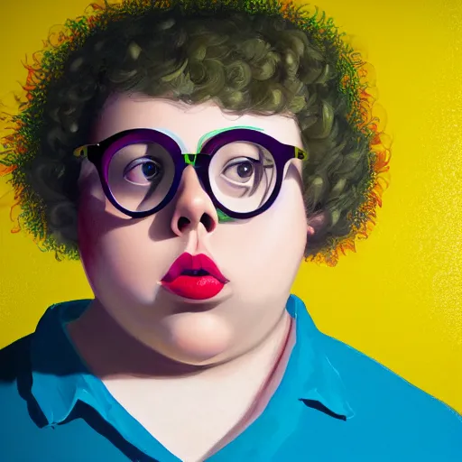 Image similar to colorful and festive cute young plus size todd solondz with tan skin, clear sharp todd solondz face, wearing yellow floral blouse. full body, rich vivid pastel colors, ambient lighting, dynamic lighting, 4 k, atmospheric lighting, painted, intricate, highly detailed by francis bacon and charlie bowater and damien hirst