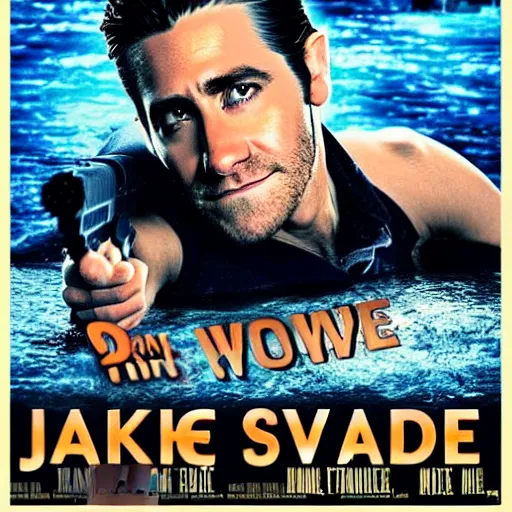 Image similar to a movie poster of Jake Gyllenhaal as patrick Swayze sitting in a hot tub in the movie Road House